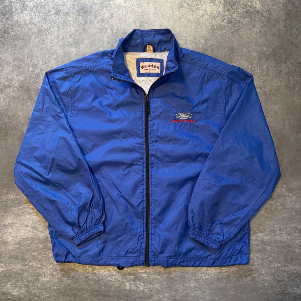 VTG Westark Ford Racing Windbreaker Jacket Mens L Blue Full Zip Mesh Lined USA